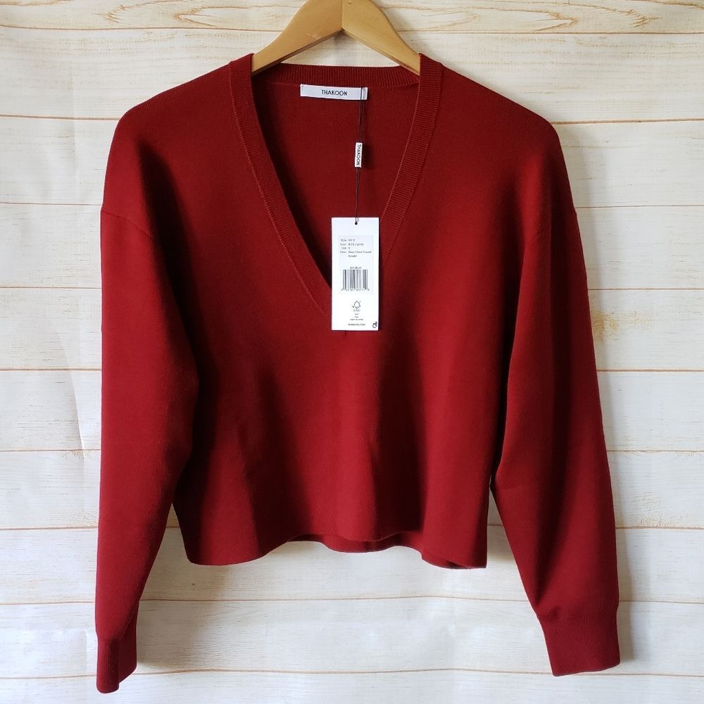 Thakoon Deep V-neck Cropped Knit Sweater Wool Spandex Burgundy Size Small